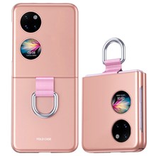 Ultra-Slim Hard PC Anti-Scratch Flip Rubberized Phone Cover with Webbing Metal Finger Ring for Huawei P50 Pocket / Pocket S - Rose Gold