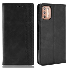 Magnetic Vintage Style Phone Protective Shell for Motorola Moto G9 Plus with Wallet Stand - Black