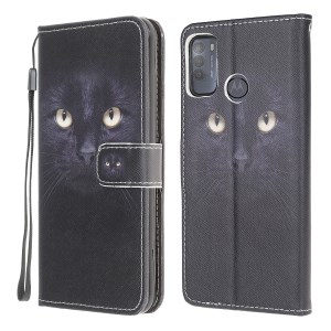 Pattern Printing Cross Texture Leather Wallet Stand Case for Motorola Moto G50 - Black Cat