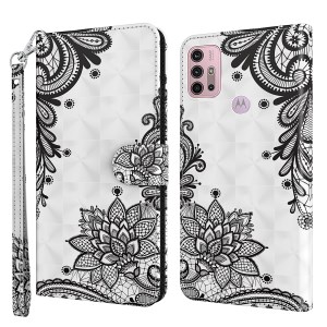 Premium Cute 3D PU Leather Wallet Protector Magnetic Folio Flip Protective Phone Case with Strap for Motorola Moto G30 / G20 / G10 - Lace Flower