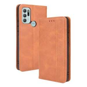 Magnetic Auto-absorbed Well-Protected Vintage Style Leather Wallet Design Phone Case Cover with Stand for Motorola Moto G60S / G60 - Brown
