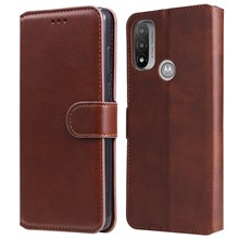 360-degree Protection Classic Solid Color Textured Leather Phone Case Stand Wallet Cover for Motorola Moto E20/E30/E40 - Brown