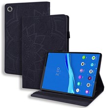 For Lenovo Tab M10 Plus (3rd Gen) Imprinted Flower Pattern Tablet Case PU Leather Card Slot Stand Shell with Pencil Loop - Black