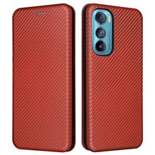 For Motorola Edge 30 Carbon Fiber Texture Card Holder Slot Case PU Leather Magnetic Auto Closing Stand Flip Cover with Ring Strap - Orange