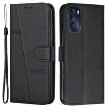 For Motorola Moto G (2022) Full Coverage Flip Case PU Leather TPU Interior Magnetic Folio Book Folding Stitching Cover Stand with Strap - Black