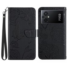 For Xiaomi Poco M5 4G Skin-touch Butterfly Flowers Imprinting PU Leather Stand Case Phone Wallet Cover with Hand Strap - Black