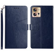 HT01 Phone Case for Motorola Edge 30 Fusion 5G, Imprinted Y-Shaped Lines PU Leather Wallet Phone Stand Cover with Strap - Blue