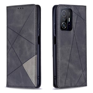 Rhombus-Like Imprinting Leather Stand Protective Phone Case Shell with Card Slots for Xiaomi 11T / 11T Pro - Black
