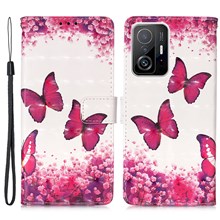 3D Pattern Printing Card Slots Shockproof Leather Case Wallet Stand Cover with Wrist Strap for Xiaomi 11T / 11T Pro - Rose Red Butterfly