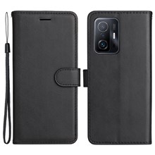 For Xiaomi 11T / 11T Pro Case Solid Color Leather Mobile Cover Wallet Stand with Strap - Black