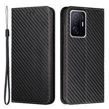 Leather Case Carbon Fiber Texture Stand Wallet Magnetic Auto-absorbed Phone Cover for Xiaomi 11T/11T Pro - Black
