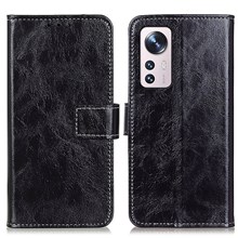 Crazy Horse Texture Retro Style PU Leather Anti-fall Phone Case Stand Wallet Cover for Xiaomi 12 Pro 5G / 12S Pro 5G /12 Pro (Dimensity) 5G - Black