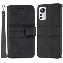 For Xiaomi 12 Pro 5G / 12S Pro 5G /12 Pro (Dimensity) 5G Imprinting Pattern PU Leather Stand Wallet Flip Phone Case with Wrist Strap - Black