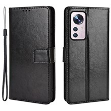 For Xiaomi 12 Pro 5G / 12S Pro 5G /12 Pro (Dimensity) 5G Double Protection TPU + PU Leather Crazy Horse Texture Flip Case Wallet Stand Cell Phone Cover with Strap - Black