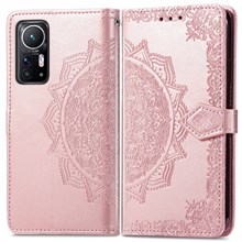 For Xiaomi 12 5G/12X 5G/12S 5G Embossed Mandala Flower PU Leather Magnetic Flip Case Wallet Stand Shockproof Protective Phone Cover with Strap - Rose Gold