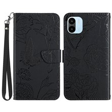 Phone Flip Wallet Case For Xiaomi Redmi A1 4G, PU Leather Stand Butterfly Flowers Imprinting Skin Touch Phone Cover with Handy Strap - Black