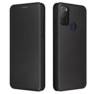 Carbon Fiber Texture Auto-absorbed Leather Stand Shell Cover with Card Holder for Alcatel 1S (2021) - Black