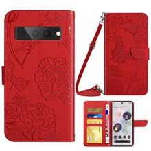 For Google Pixel 7 Pro 5G Case Leather and TPU Stand Butterfly Flowers Imprinting Pattern Wallet Cover with Shoulder Strap - Red