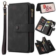 For Google Pixel 7 Pro 5G Zipper Wallet Case with 15 Card Slots and Strap Leather Phone Cover - Black