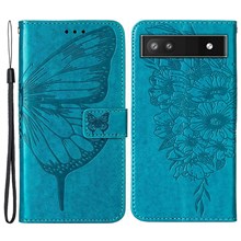 For Google Pixel 6a Wallet Case with Wrist Strap Butterfly Imprint Leather Phone Cover - Blue