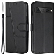 For Google Pixel 7 Pro 5G PU Leather Folio Flip Protective Cover Stitching Design Wrist Strap Wallet Stand Book Case - Black