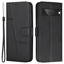 For Google Pixel 7 5G Stitching PU Leather Wallet Case Hands-Free Stand Magnetic Closure Shockproof Flip Folio Cover with Wrist Strap - Black