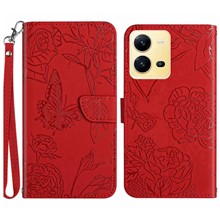 For vivo X80 Lite 5G / V25 5G HT03 Imprinted Butterfly Flowers Wallet Case Skin-touch PU Leather Magnetic Closure Flip Stand Cover with Strap - Red