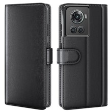 For OnePlus Ace 5G/10R 5G Genuine Split Leather Flip Case Viewing Stand Secure Magnetic Buckle Protect Wallet Phone Cover - Black