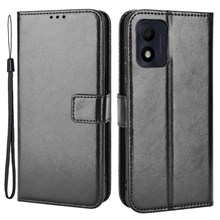 For TCL 303/Alcatel 1B (2022) Protective Phone Case Crazy Horse Texture PU Leather Shockproof Magnetic Stand Cover with Strap - Black