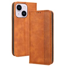 For iPhone 14 6.1 inch Wallet Stand Retro Texture Leather Case Magnetic Auto Closure Wear-resistant Phone Cover - Brown