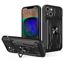 For iPhone 14 6.1 inch Slide Lens Protection Design Kickstand Case Hard PC  Soft TPU Impact-Resistant Cover with Card Holder - Black