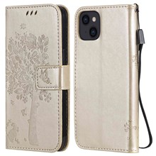 For iPhone 14 Phone Case with Stand Cat Tree Pattern Leather Wallet Mobile Cover - Gold