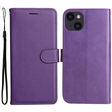 For iPhone 14 Case Solid Color Leather Mobile Cover Wallet Stand with Strap - Purple