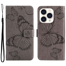 KT Leather Series-2 for iPhone 14 Pro 6.1 inch Shockproof Butterfly Imprinted PU Leather Case Phone Wallet Stand Cover - Grey