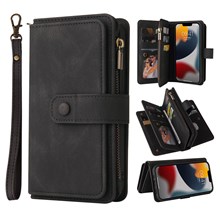 For iPhone 14 Zipper Wallet Case with 15 Card Slots and Strap Leather Phone Cover - Black