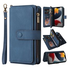 For iPhone 14 Plus Zipper Wallet Case with 15 Card Slots and Strap Leather Phone Cover - Blue