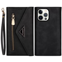 For iPhone 14 Pro Max 6.7 inch Shock Absorption Phone Case PU Leather Skin-touch Feeling Zipper Wallet Stand Cover with Short + Long Strap - Black
