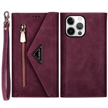 For iPhone 14 Pro 6.1 inch Anti-fall Phone Case Multiple Card Slots Wear-resistant PU Leather Zipper Wallet Stand Cover with Short + Long Strap - Wine Red