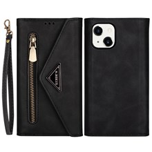 For iPhone 14 6.1 inch Anti-scratch Phone Case PU Leather Skin-touch Feeling Zipper Wallet Stand Cover with Short + Long Strap - Black