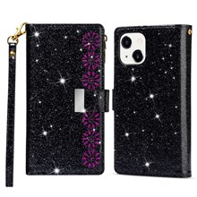 For iPhone 14 6.1 inch Anti-scratch Flip Leather Case, Laser Carving Glittery Starry Style Zipper Wallet Stand with Strap - Black