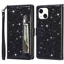 For iPhone 14 6.1 inch Zipper Pocket Glittery PU Leather Case Wallet Stand Magnetic Clasp Anti-fall Phone Cover - Black