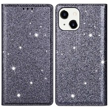 For iPhone 14 Plus 6.7 inch Glitter Sequins Stand Card Holder PU Leather Fall Proof Protective Phone Case Cover - Grey