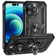 For iPhone 14 Pro Max 6.7 inch Rotary Kickstand Phone Case Soft TPU Hard PC Back Cover with Built-in Metal Sheet - Black