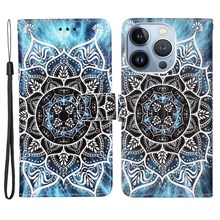 For iPhone 14 Pro Leather Case with Strap and Card Holder Pattern Printing Phone Stand Cover - Mandala Flower