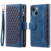 005 Style Rhombus Texture Stand Wallet Case for iPhone 14 6.1 inch, PU Leather Zipper Pocket Phone Shell with Wrist Strap - Blue