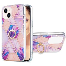 For iPhone 14 6.1 inch YB IMD Series-7 Built-in Hands-free Kickstand Splicing Marble Pattern Case Soft TPU IMD Electroplating Protector - Light Purple