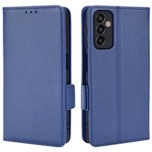 For Samsung Galaxy M13 4G PU Leather Litchi Texture Phone Case Stand Function Dual Magnetic Clasp Flip Wallet Cover - Dark Blue