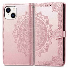 For iPhone 14 6.1 inch Mandala Pattern Embossed Leather Wallet Case Magnetic Clasp Phone Stand Cover with Strap - Rose Gold