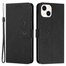 Skin-touch Heart Shape Imprinted Case for iPhone 14 6.1 inch, PU Leather Stand Wallet Magnetic Clasp Phone Cover with Strap - Black