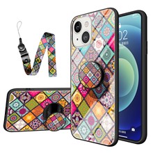For iPhone 14 6.1 inch Anti-wear Drop-proof Flower Pattern Tempered Glass + Hard PC Phone Case Soft TPU Kickstand Back Cover with Lanyard - Color Pattern
